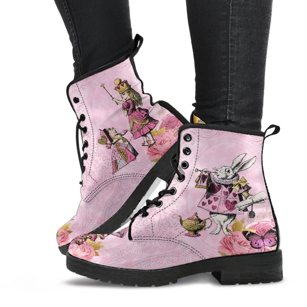 Alice in Wonderland Pink Vegan leather Combat Boots - Alice White Rabbit Festival Boots (JPREG103)