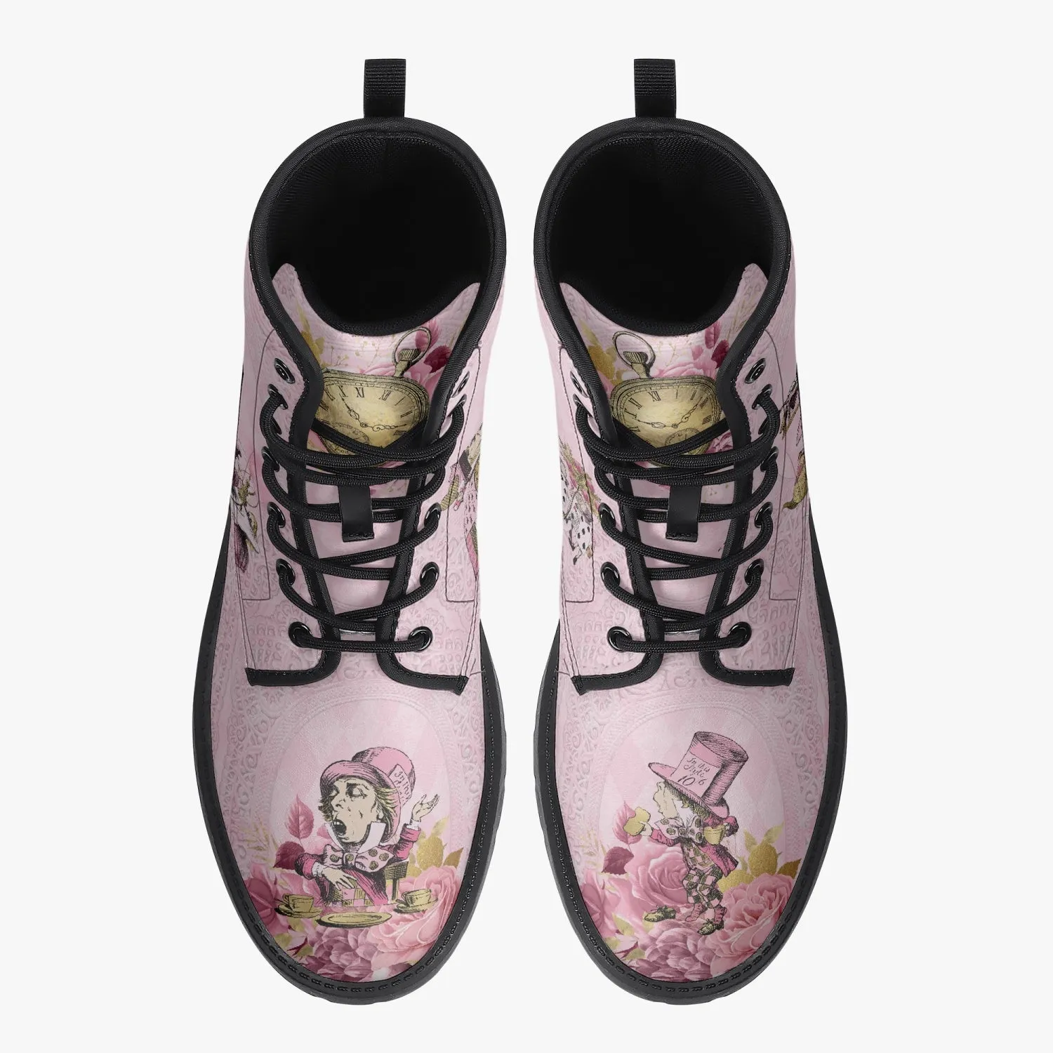 Alice in Wonderland Pink Vegan leather Combat Boots - Alice White Rabbit Festival Boots (JPREG103)