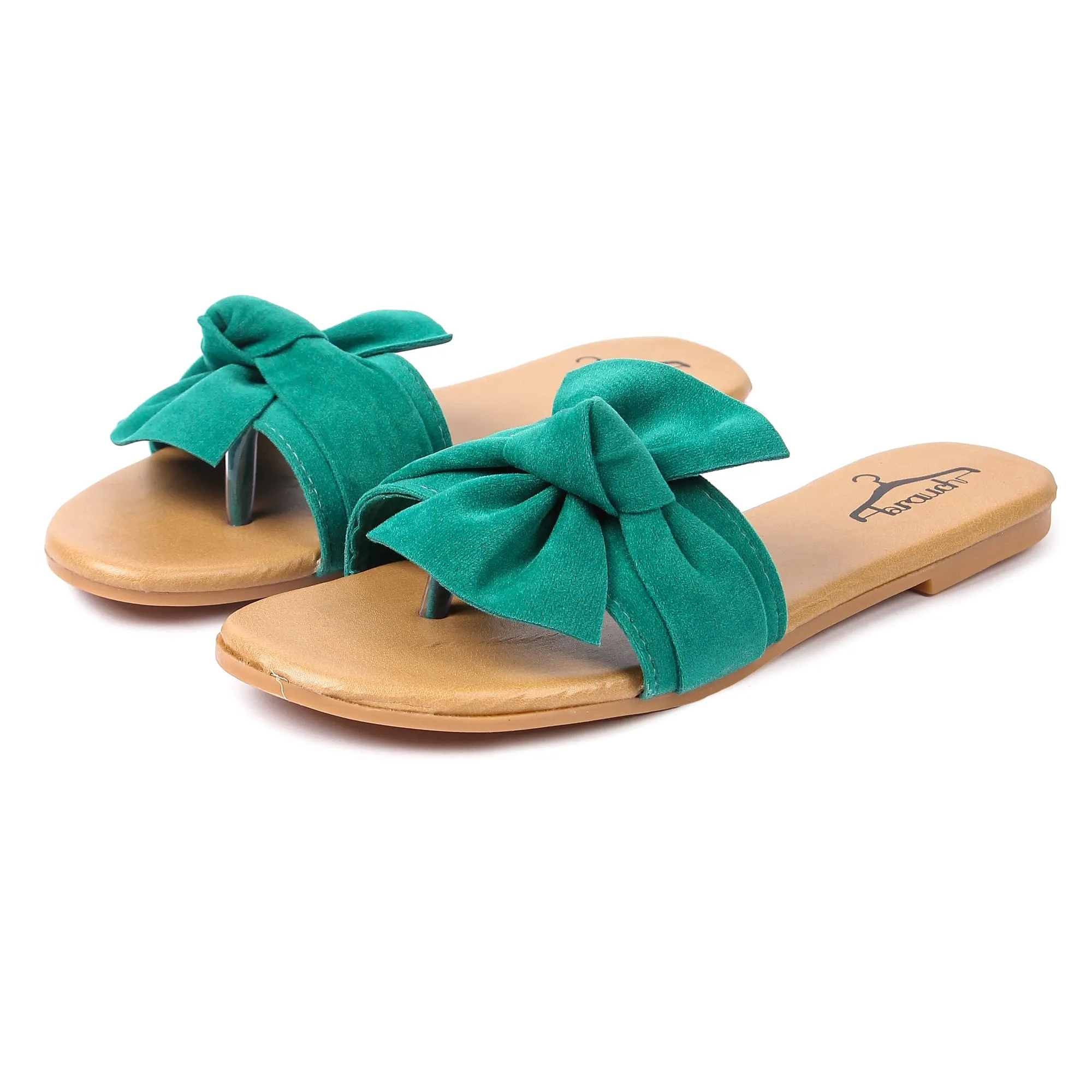 Brauch Women's Bottle Green Suede Bow Flats Slides