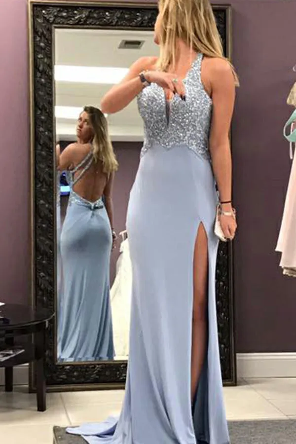 Mermaid Deep V-Neck Sweep Train Blue Split Open Back Prom Dress with Beading LRA175
