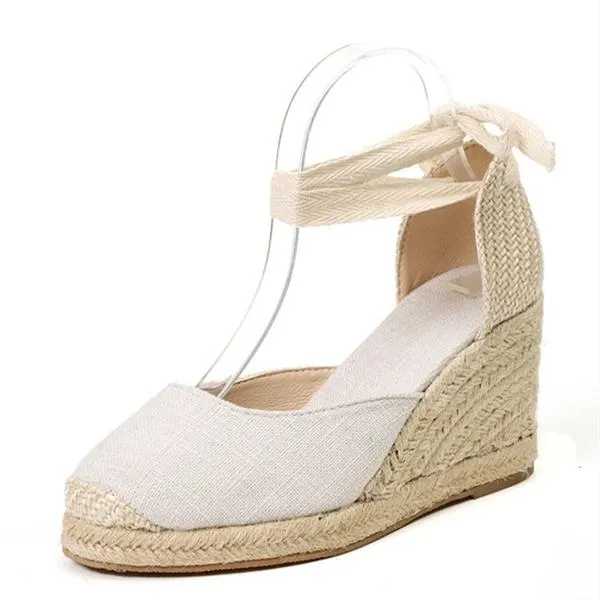 Women's ankle lace-up espadrille wedge sandals boho closed toe sandals