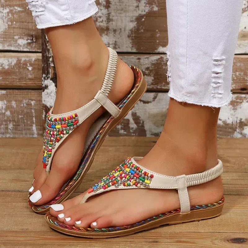 Women's Beaded Ethnic Style Boho T-strap Slip On