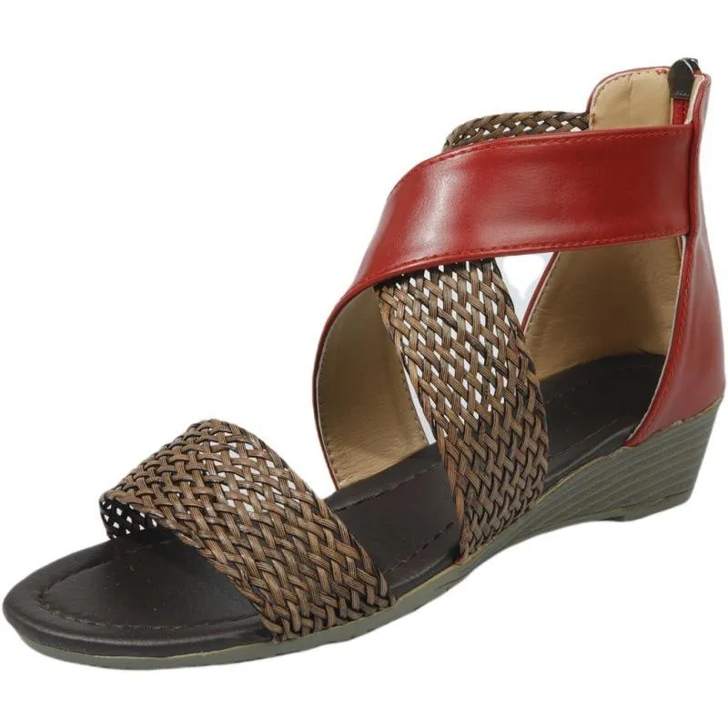 Women's boho braided criss cross low wedge sandals with back zipper